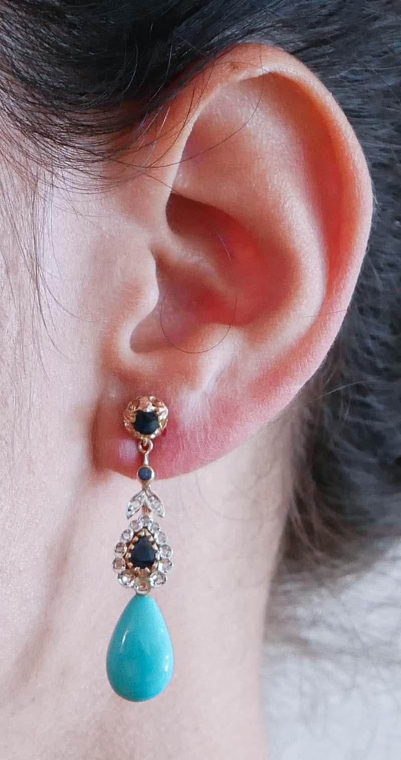 Turquoise, Sapphires, Diamonds, Rose Gold and Silver Earrings. In New Condition For Sale In Marcianise, Marcianise (CE)