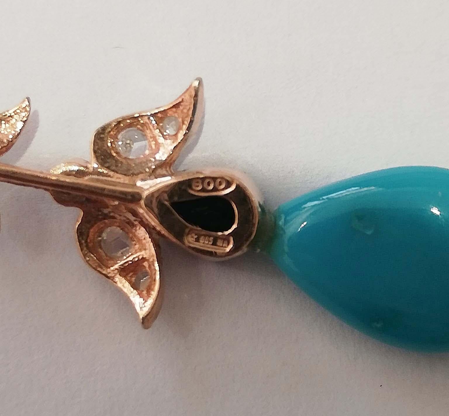 Women's Turquoise, Sapphires, Diamonds, Rose Gold and Silver Earrings. For Sale