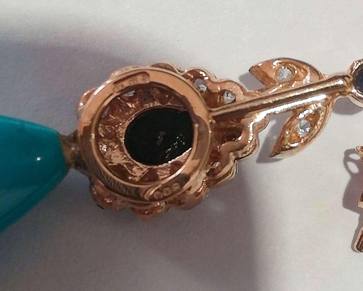 Women's Turquoise, Sapphires, Diamonds, Rose Gold and Silver Earrings. For Sale