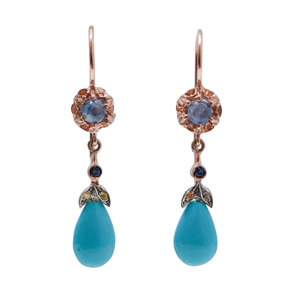 Turquoise, Sapphires, Diamonds, Rose Gold and Silver Earrings.