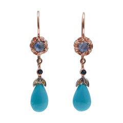 Turquoise, Sapphires, Diamonds, Rose Gold and Silver Earrings.