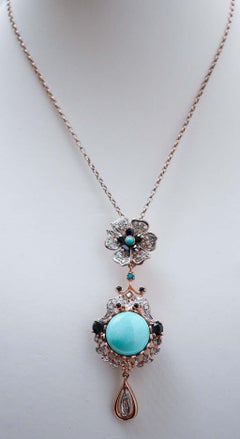 Turquoise, Sapphires, Diamonds, Rose Gold and Silver Pendant Necklace.