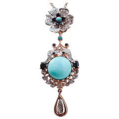 Turquoise, Sapphires, Diamonds, Rose Gold and Silver Pendant Necklace.