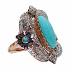 Turquoise, Sapphires, Diamonds, Rose Gold and Silver Ring.