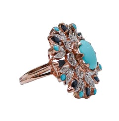 Turquoise, Sapphires, Diamonds, Rose Gold and Silver Ring.