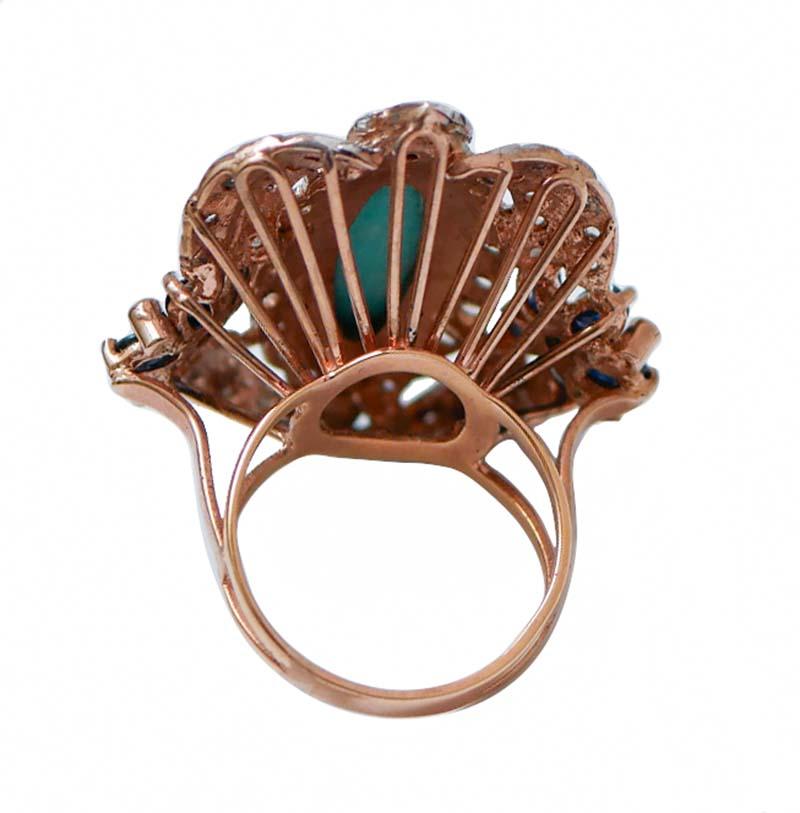 Retro Turquoise, Sapphires, Diamonds, Rose Gold and Silver Ring.