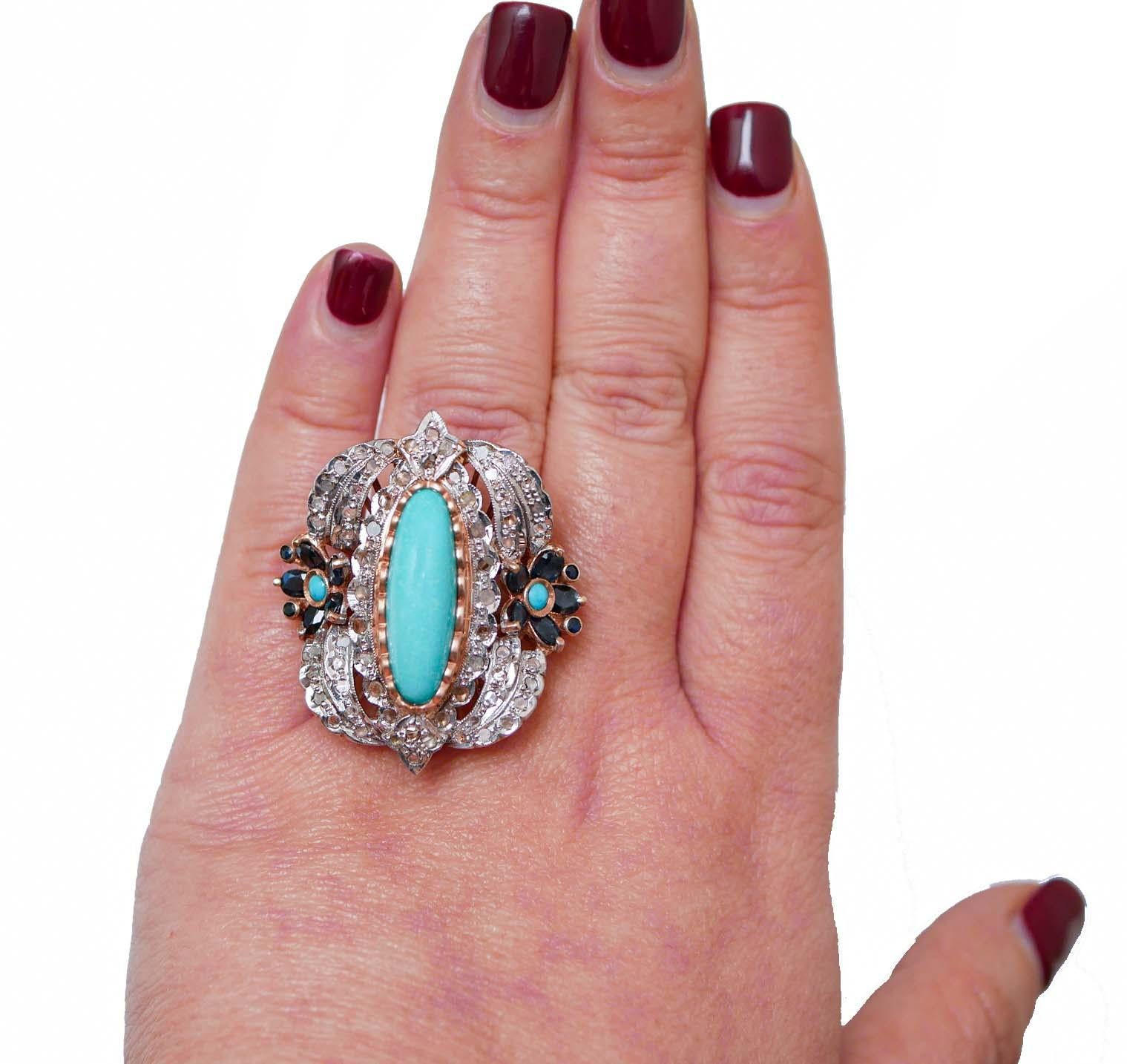 Mixed Cut Turquoise, Sapphires, Diamonds, Rose Gold and Silver Ring.