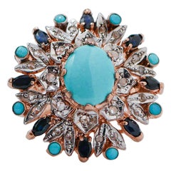 Turquoise, Sapphires, Diamonds, Rose Gold and Silver Ring.