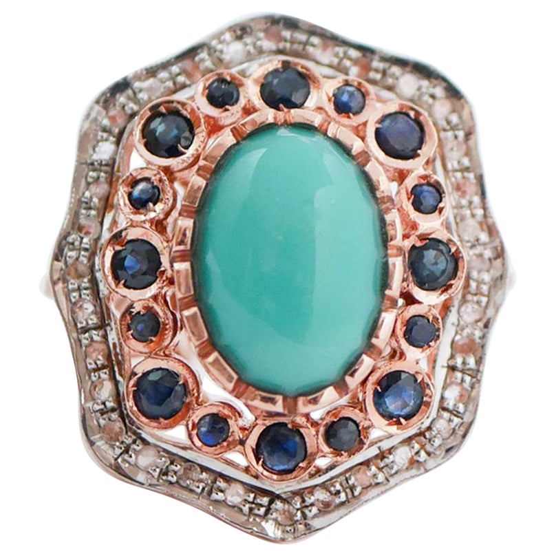 Turquoise, Sapphires, Diamonds, Rose Gold and Silver Ring.