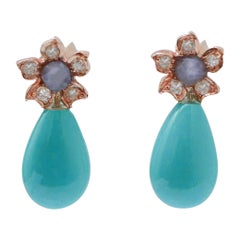 Turquoise, Sapphires, Diamonds, Rose Gold Earrings.