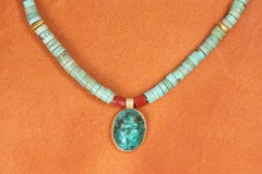 Turquoise Scarab, Gold Nugget, Coral Necklace – Egyptian Revival, Yellow Gold