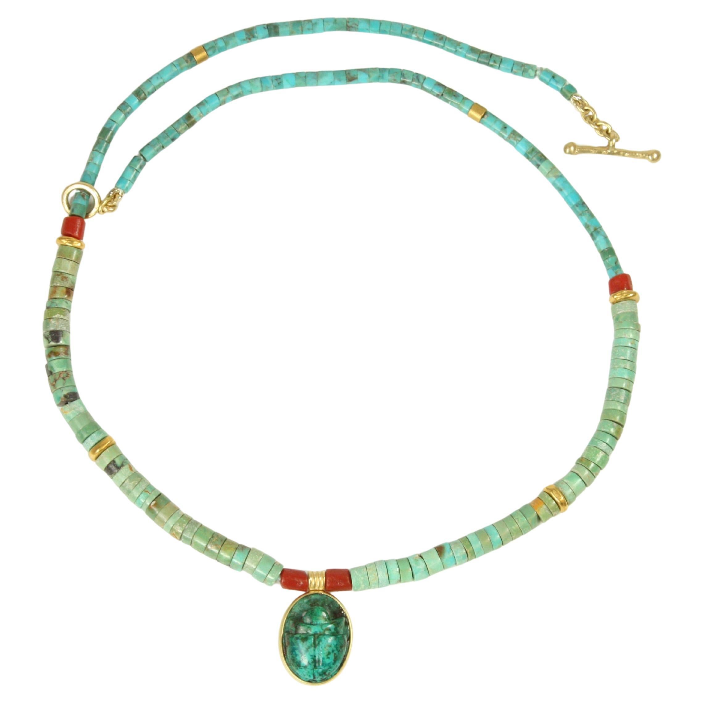 Turquoise Scarab, Gold Nugget, Coral Necklace – Egyptian Revival, Yellow Gold im Angebot