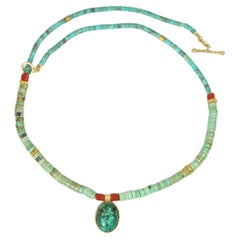 Turquoise Scarab, Gold Nugget, Coral Necklace – Egyptian Revival, Yellow Gold
