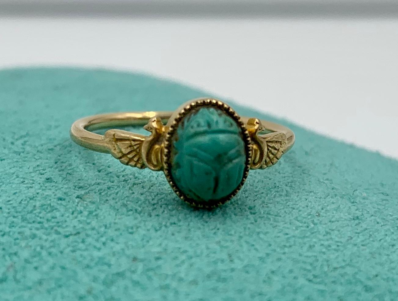 Oval Cut Turquoise Scarab Winged Phoenix Bird Ring Egyptian Revival Antique 14 Karat Gold