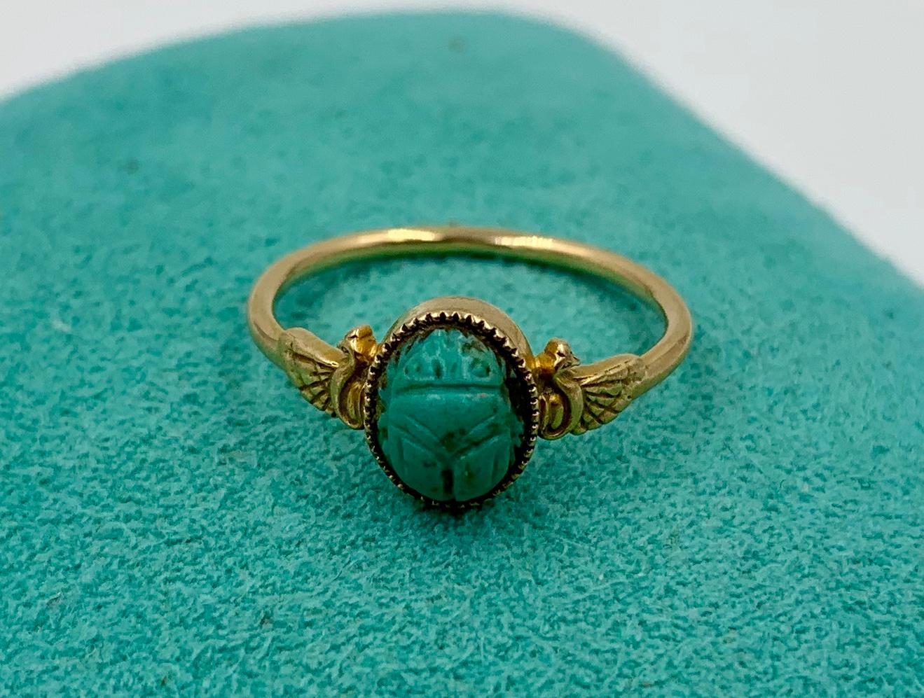 Turquoise Scarab Winged Phoenix Bird Ring Egyptian Revival Antique 14 Karat Gold In Good Condition In New York, NY