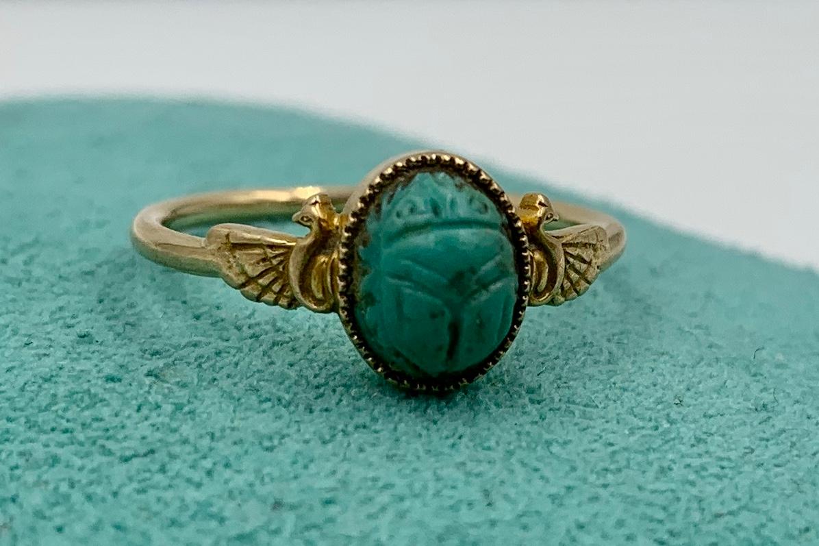 Women's Turquoise Scarab Winged Phoenix Bird Ring Egyptian Revival Antique 14 Karat Gold