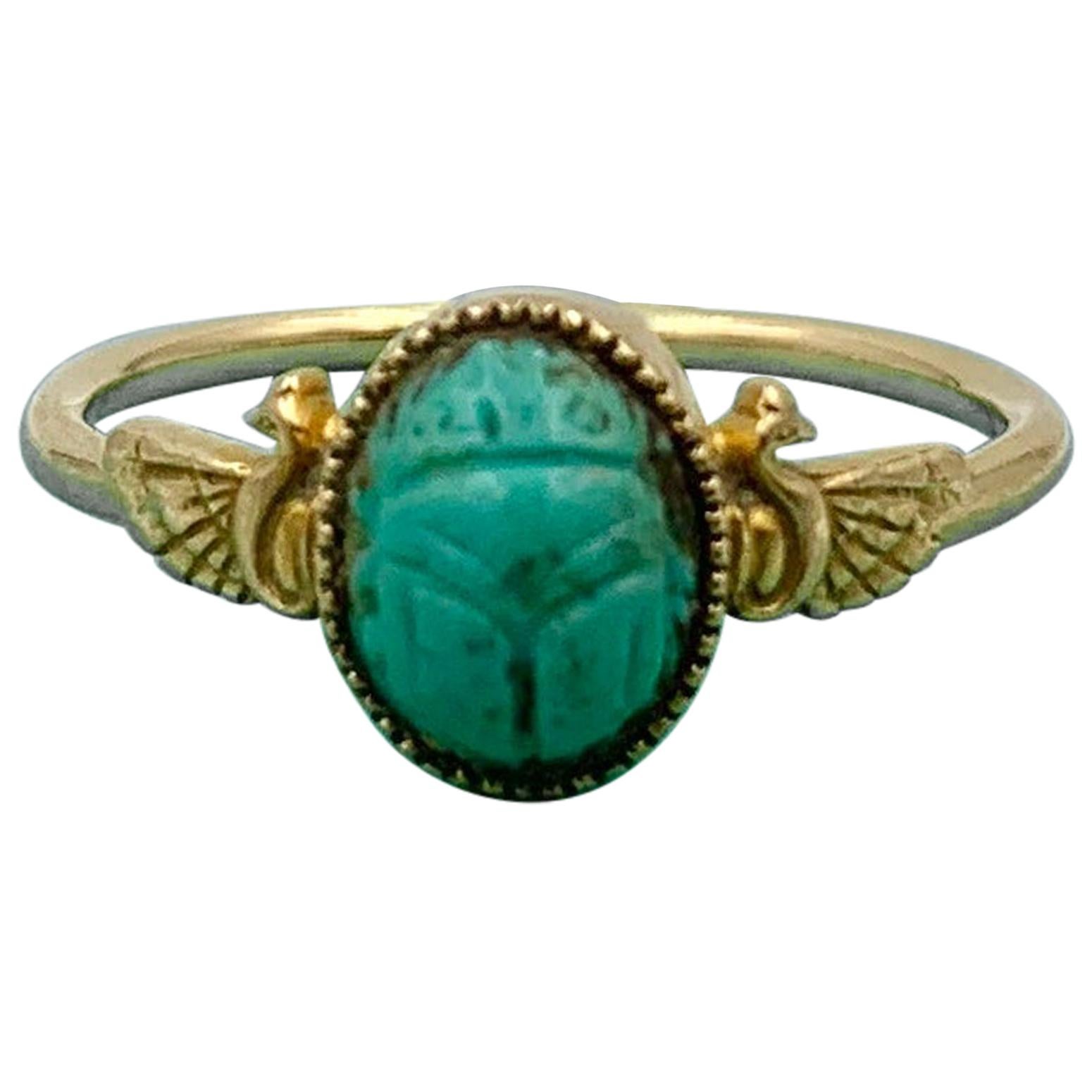 Turquoise Scarab Winged Phoenix Bird Ring Egyptian Revival Antique 14 Karat Gold