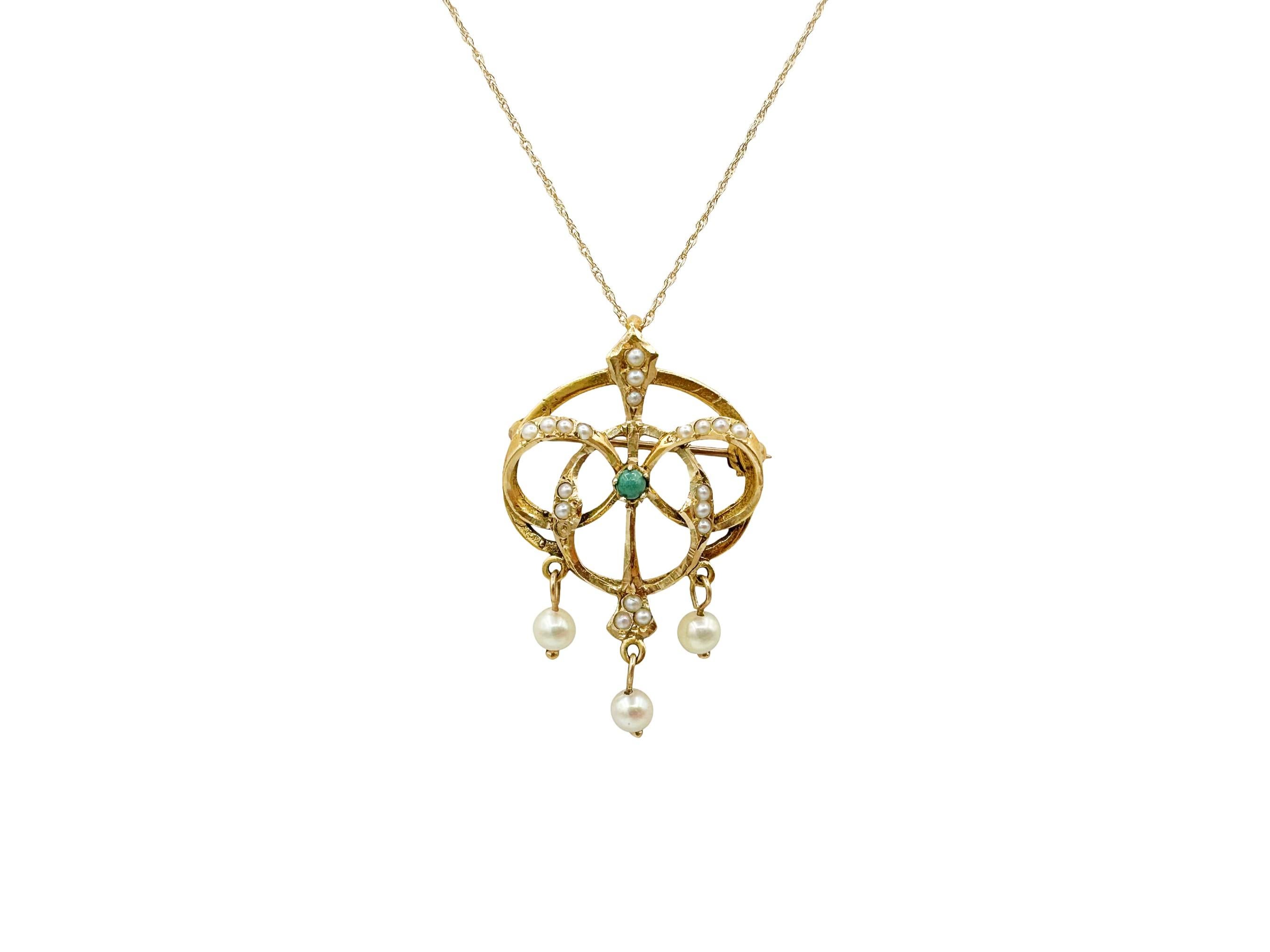 This one-of-a-kind vintage necklace is a stunning combination of turquoise and pearls. The pendant is crafted from 14k yellow gold shaped in a stylized bow made from interlocking ovals, symbolizing love, connection and fidelity. Seed pearls dot the