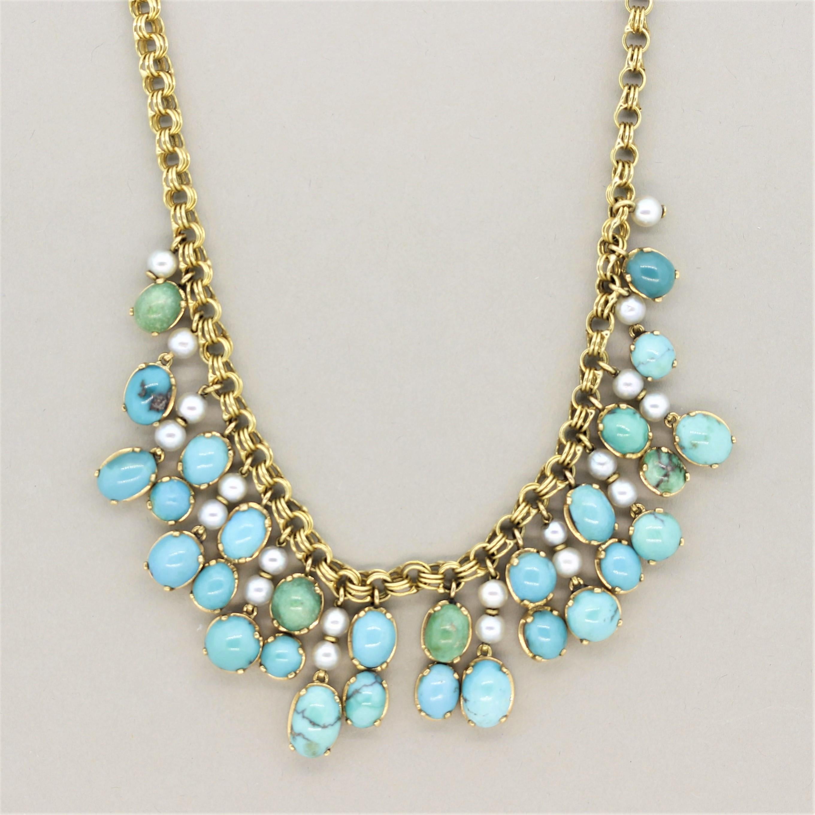 A sweet necklace featuring turquoise of varying colors! The turquoise includes classic veined pieces as well as un veined pieces in colors ranging from blue-green to a sky blue. Accenting the turquoise are seed pearls which are set atop the