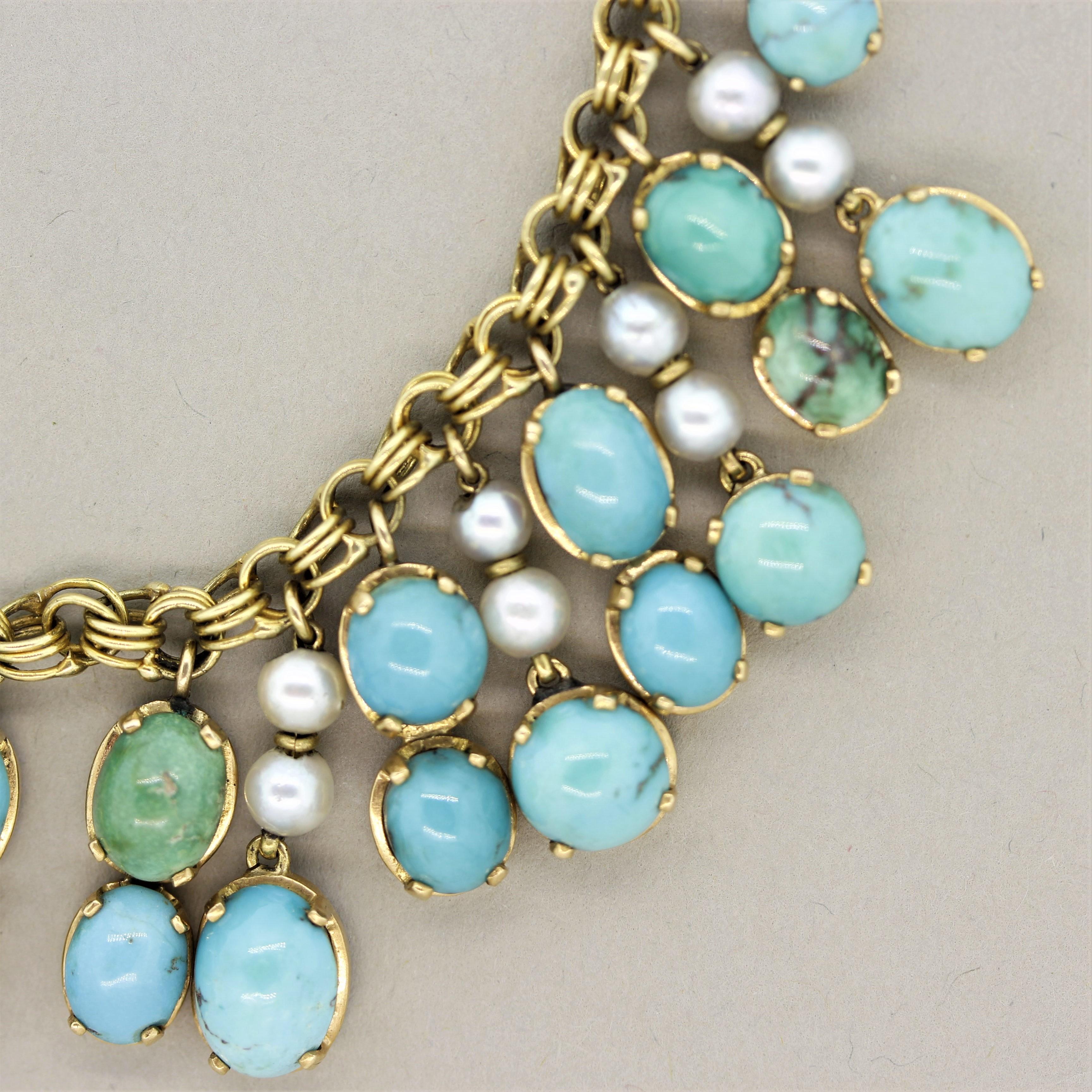 Mixed Cut Turquoise Seed-Pearl Gold Drop Necklace