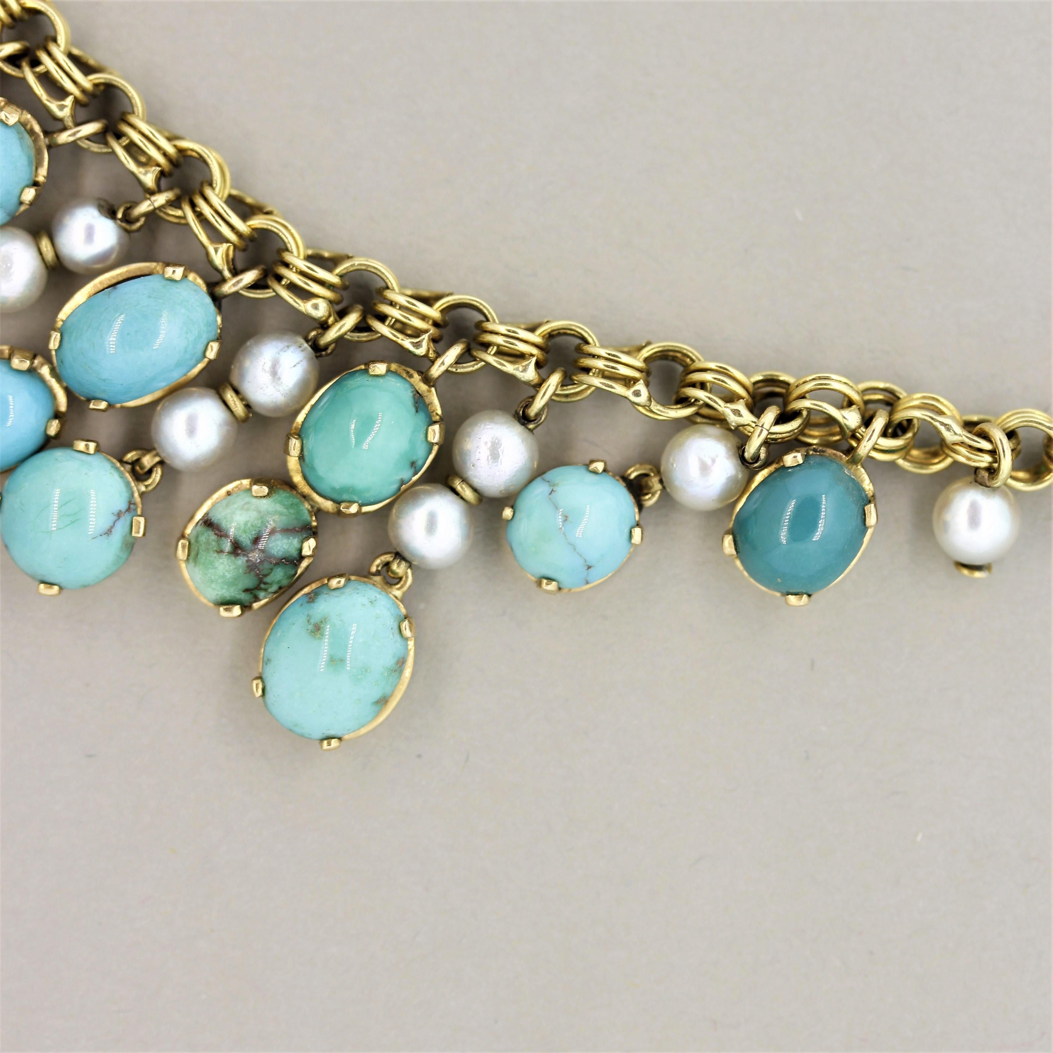 Turquoise Seed-Pearl Gold Drop Necklace In New Condition In Beverly Hills, CA