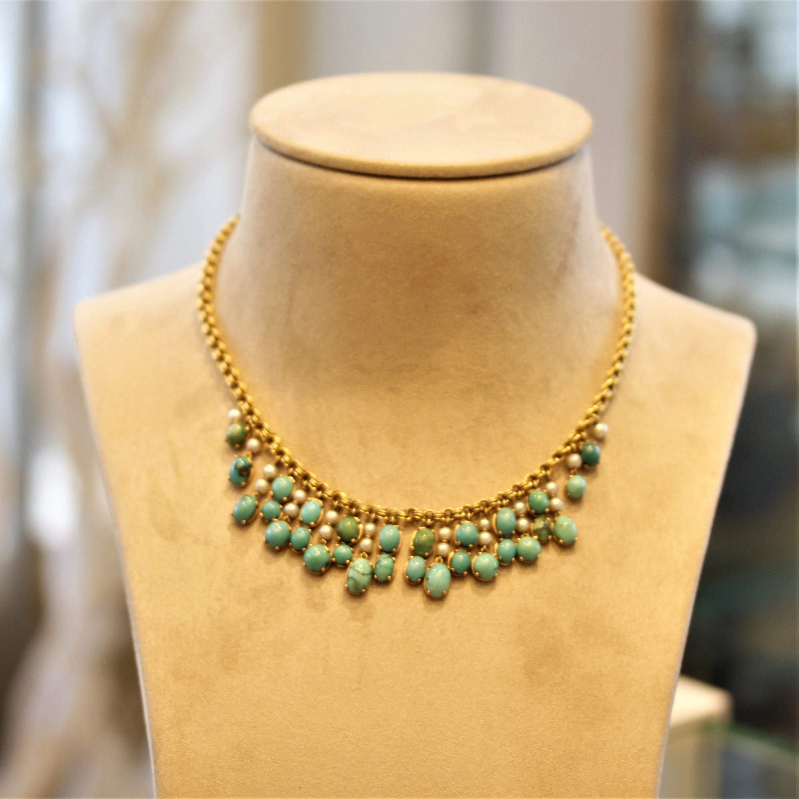 Turquoise Seed-Pearl Gold Drop Necklace 2