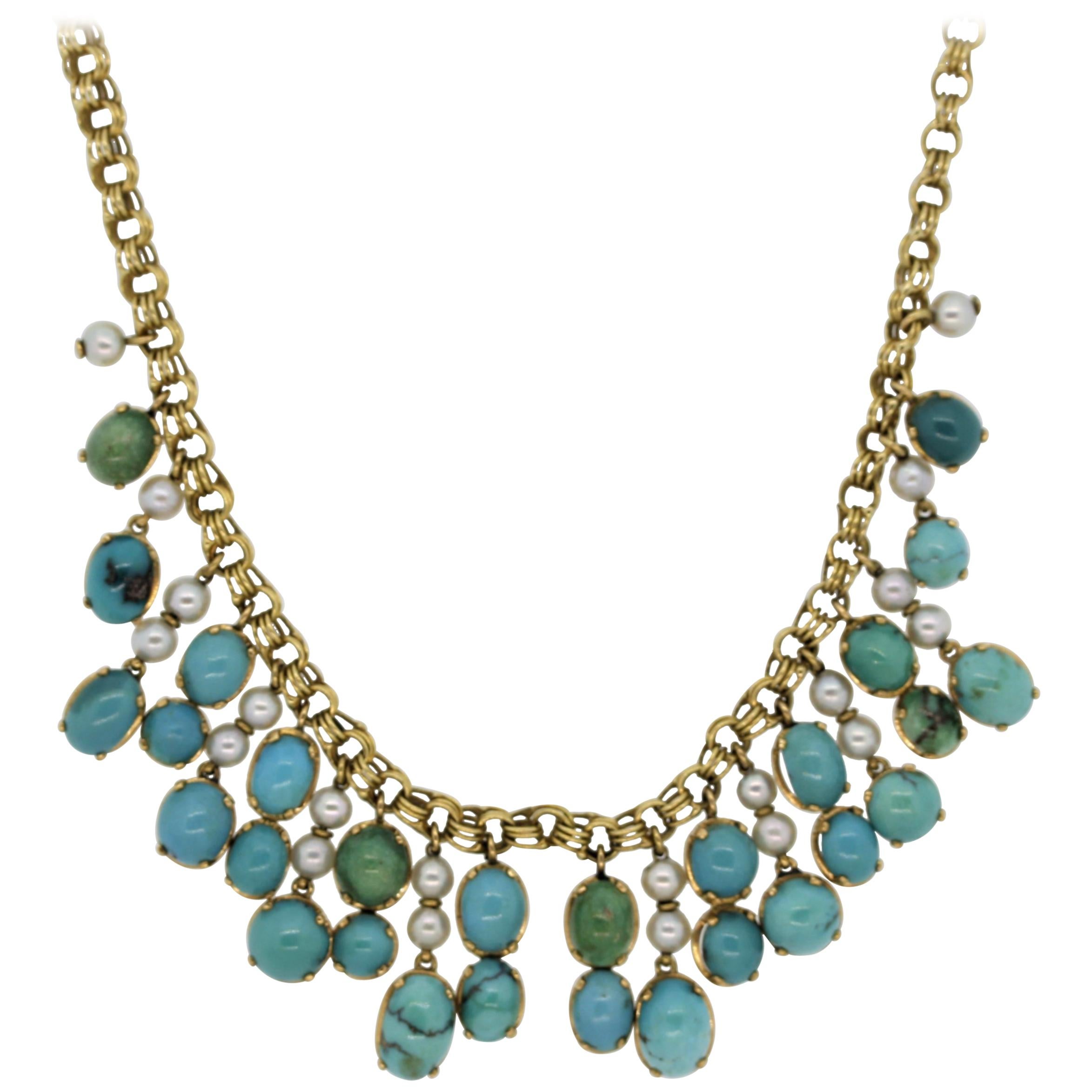 Turquoise Seed-Pearl Gold Drop Necklace