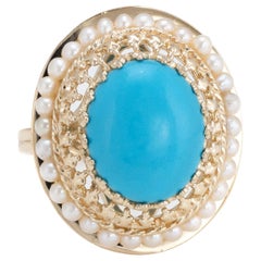 Turquoise Seed Pearl Oval Cocktail Ring Estate 14 Karat Gold 6 Fine Jewelry