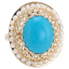 Retro Turquoise Seed Pearl Oval Cocktail Ring Estate 14 Karat Gold 6 Fine Jewelry