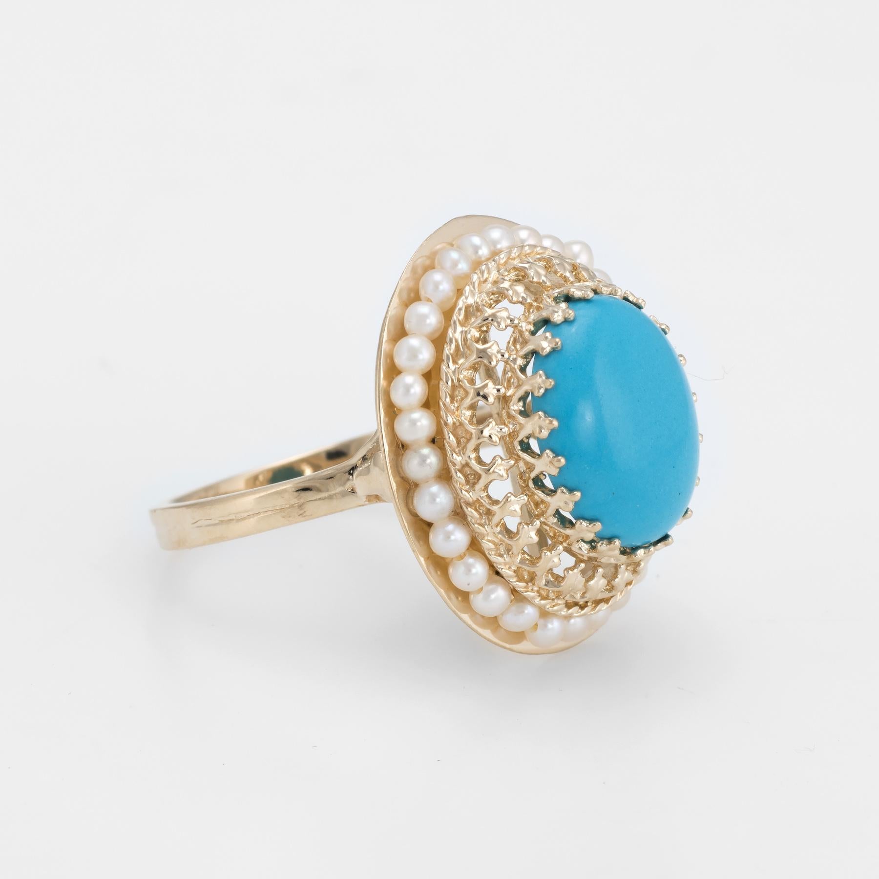 Oval Cut Turquoise Seed Pearl Oval Cocktail Ring Estate 14 Karat Gold 6 Fine Jewelry