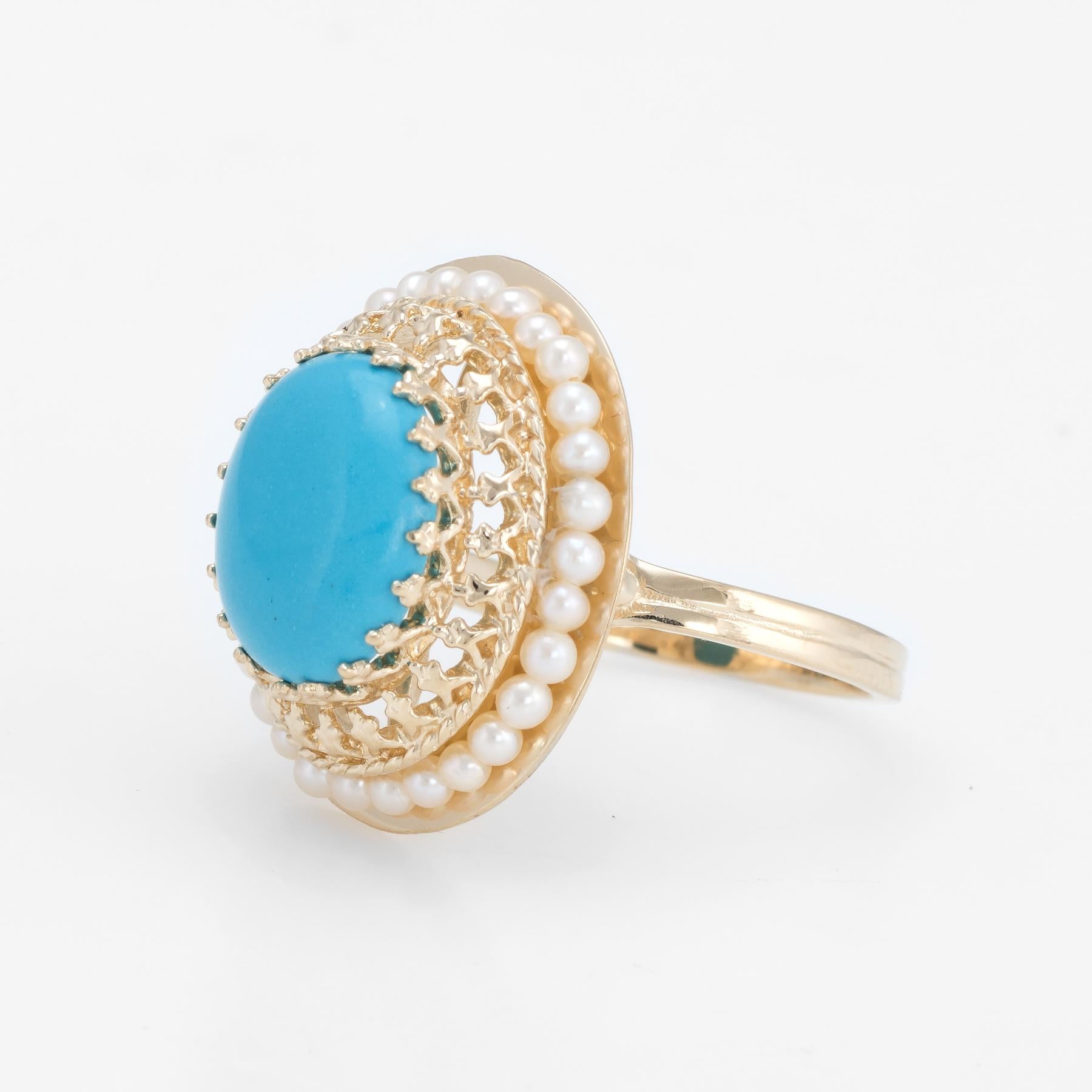 Turquoise Seed Pearl Oval Cocktail Ring Estate 14 Karat Gold 6 Fine Jewelry In Excellent Condition In Torrance, CA