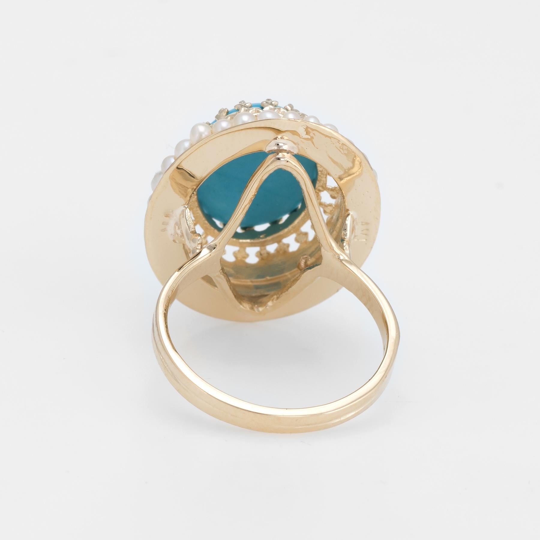 Women's Turquoise Seed Pearl Oval Cocktail Ring Estate 14 Karat Gold 6 Fine Jewelry