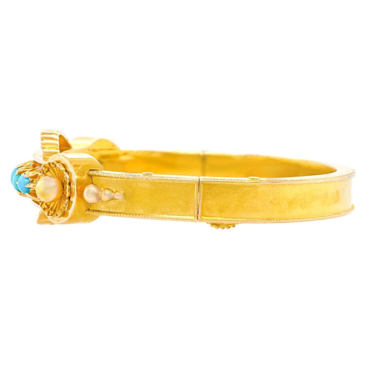 Cabochon Turquoise-Set Antique Bangle Bracelet For Sale