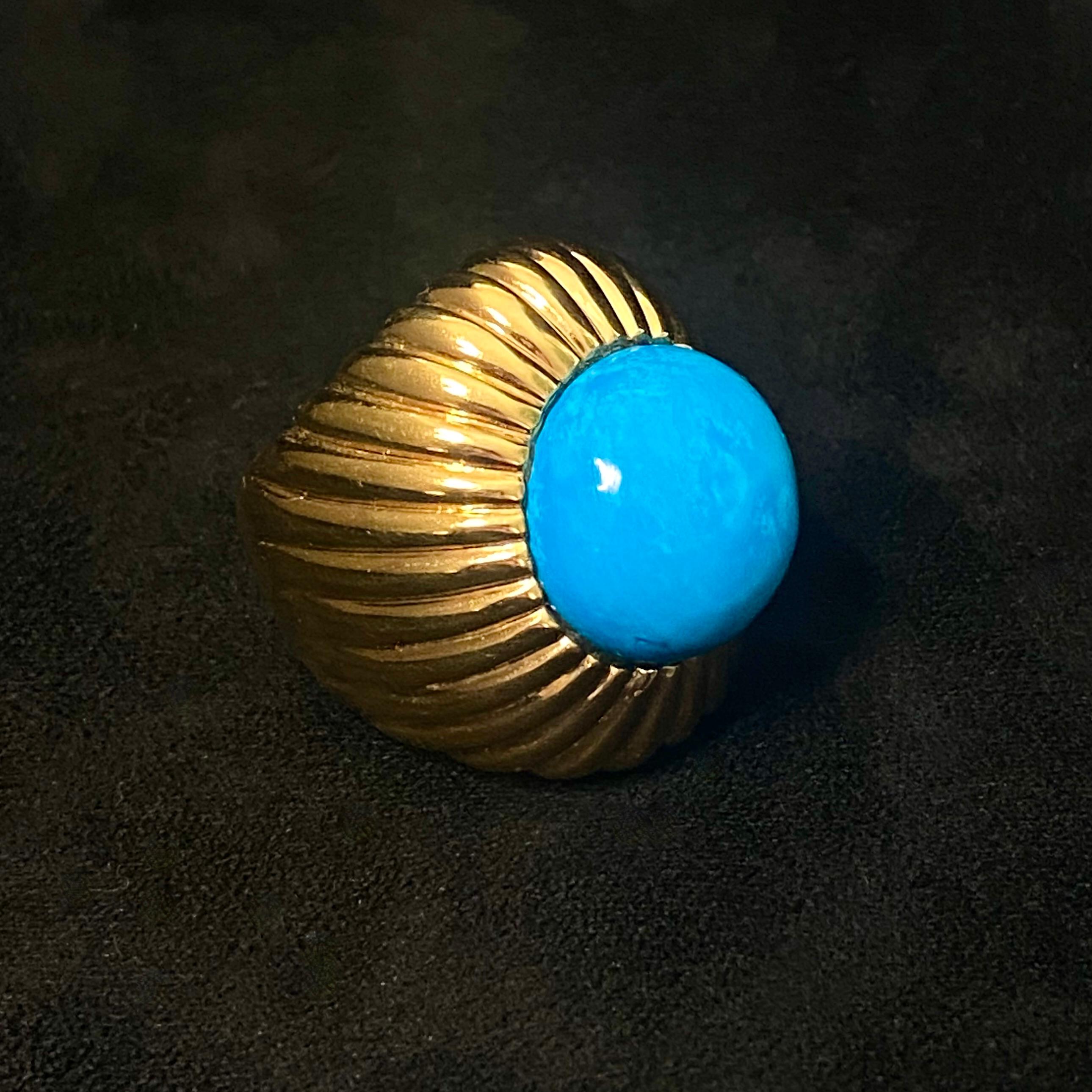 Set with a round Turquoise cabochon within a fluted mount, the Begum Ring is fabulously decadent & luxurious - it is impossible not to want a cocktail while wearing it.

Drawing inspiration from the Ottoman world, we feel that Turquoise is the