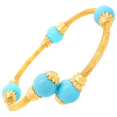 Turquoise-Set Gold Seventies Bangle Bracelet by Tannler of Zurich