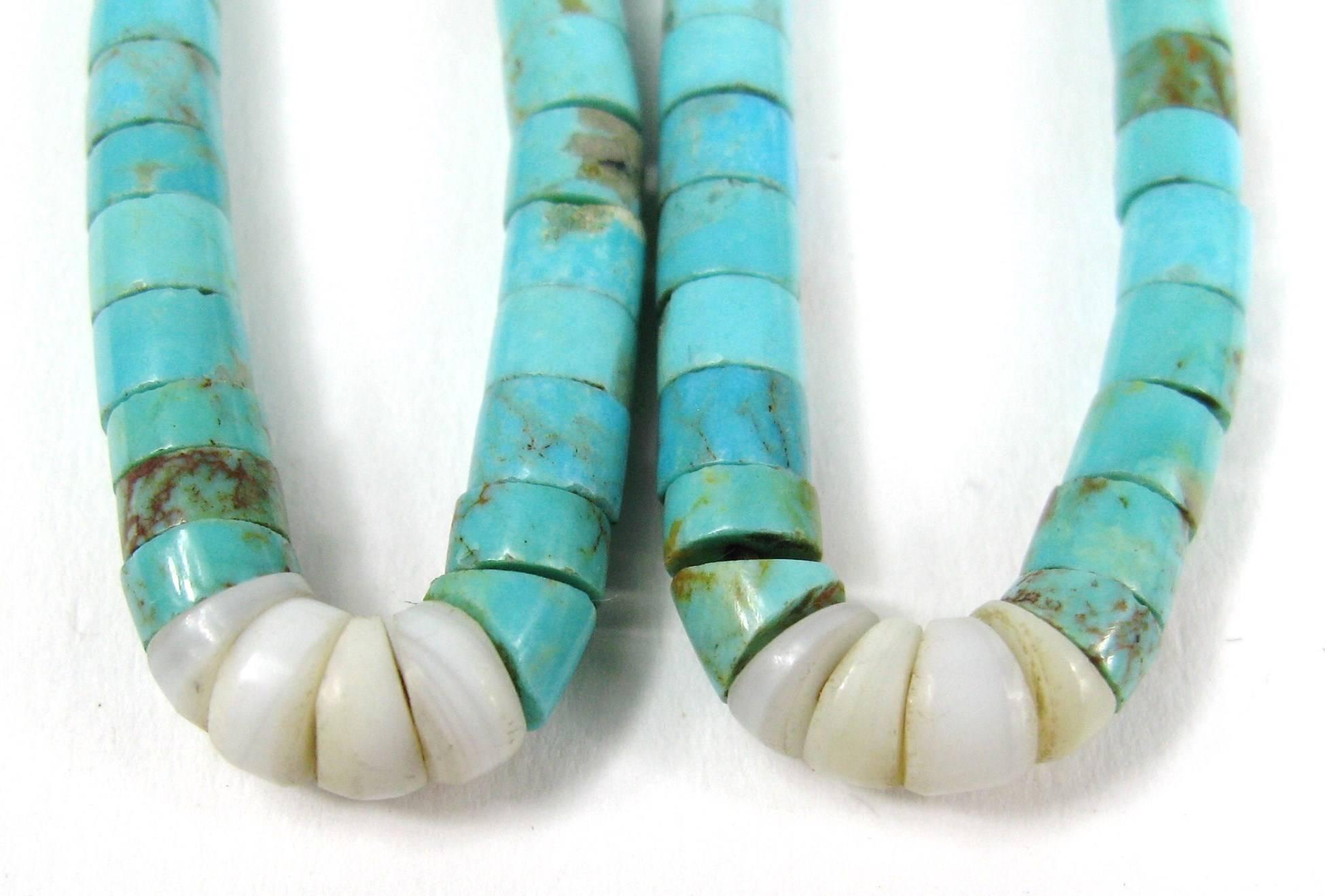 Large Native American Zuni Turquoise and Shell Earrings Sterling Silver measuring 5.25 inches long not including the finding. Beads measure 5.10mm down to 2.4mm. This is out of a massive collection of Hopi, Zuni, Navajo, Southwestern and sterling