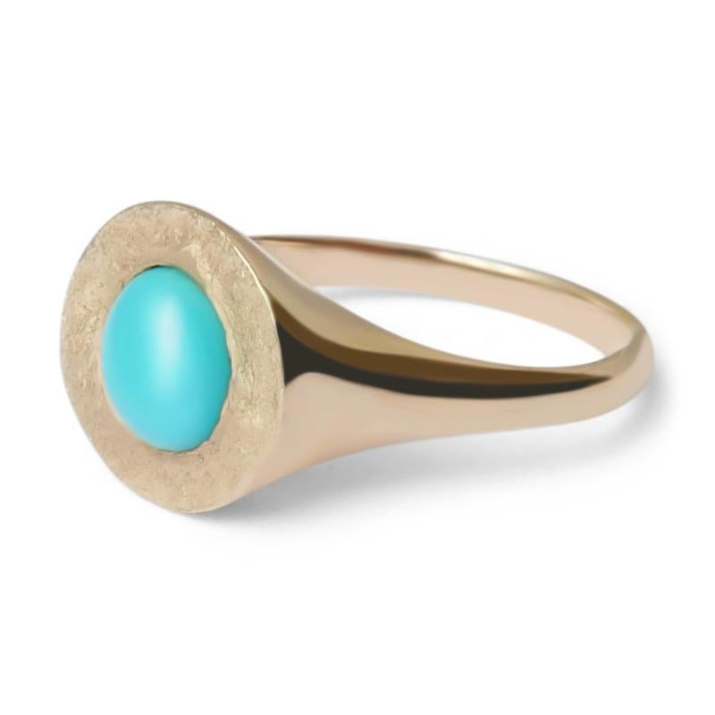 Round Cut Turquoise Signet Ring in 14 Karat Gold by Allison Bryan For Sale