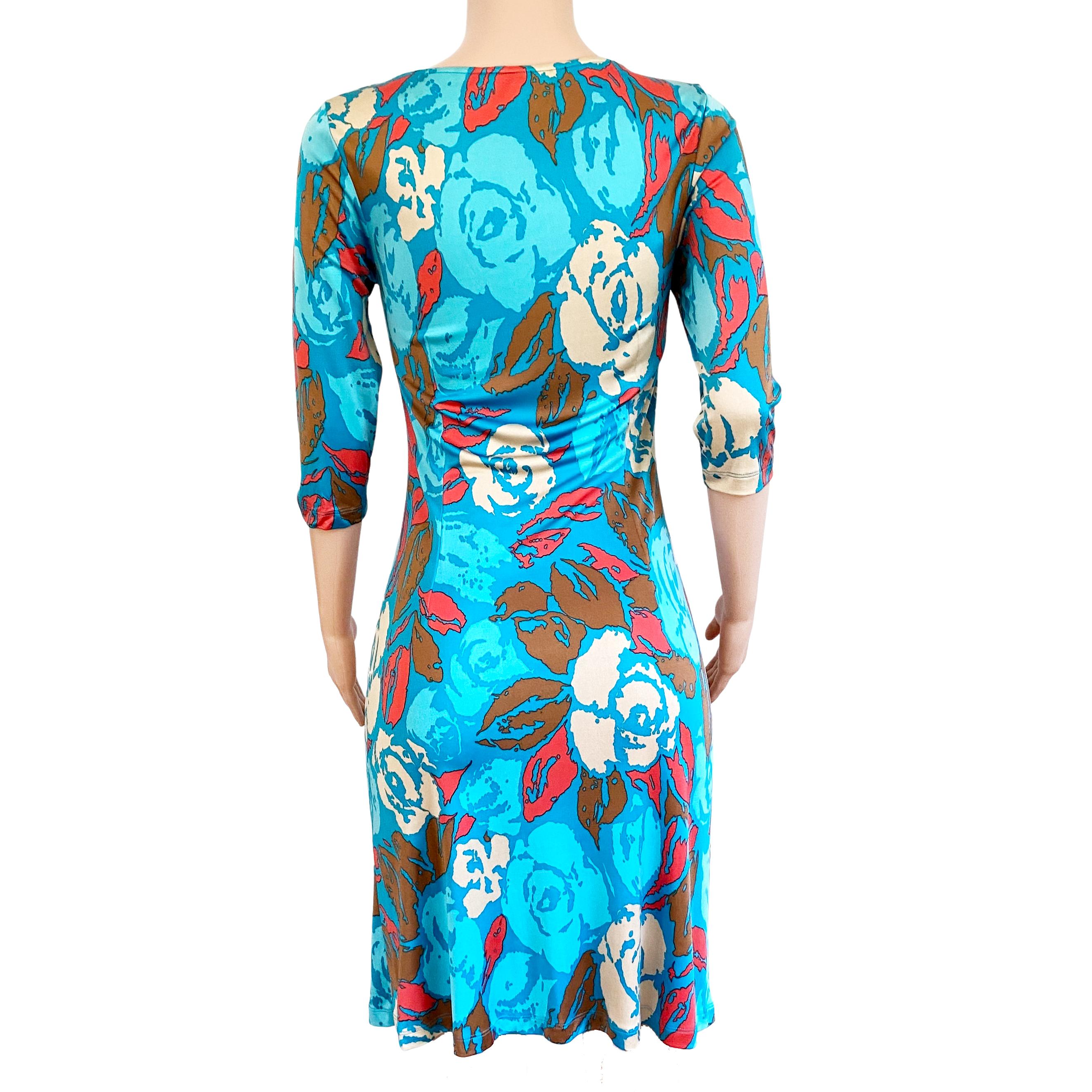 Blue Turquoise silk jersey printed shirred shift LENA by Flora Kung For Sale