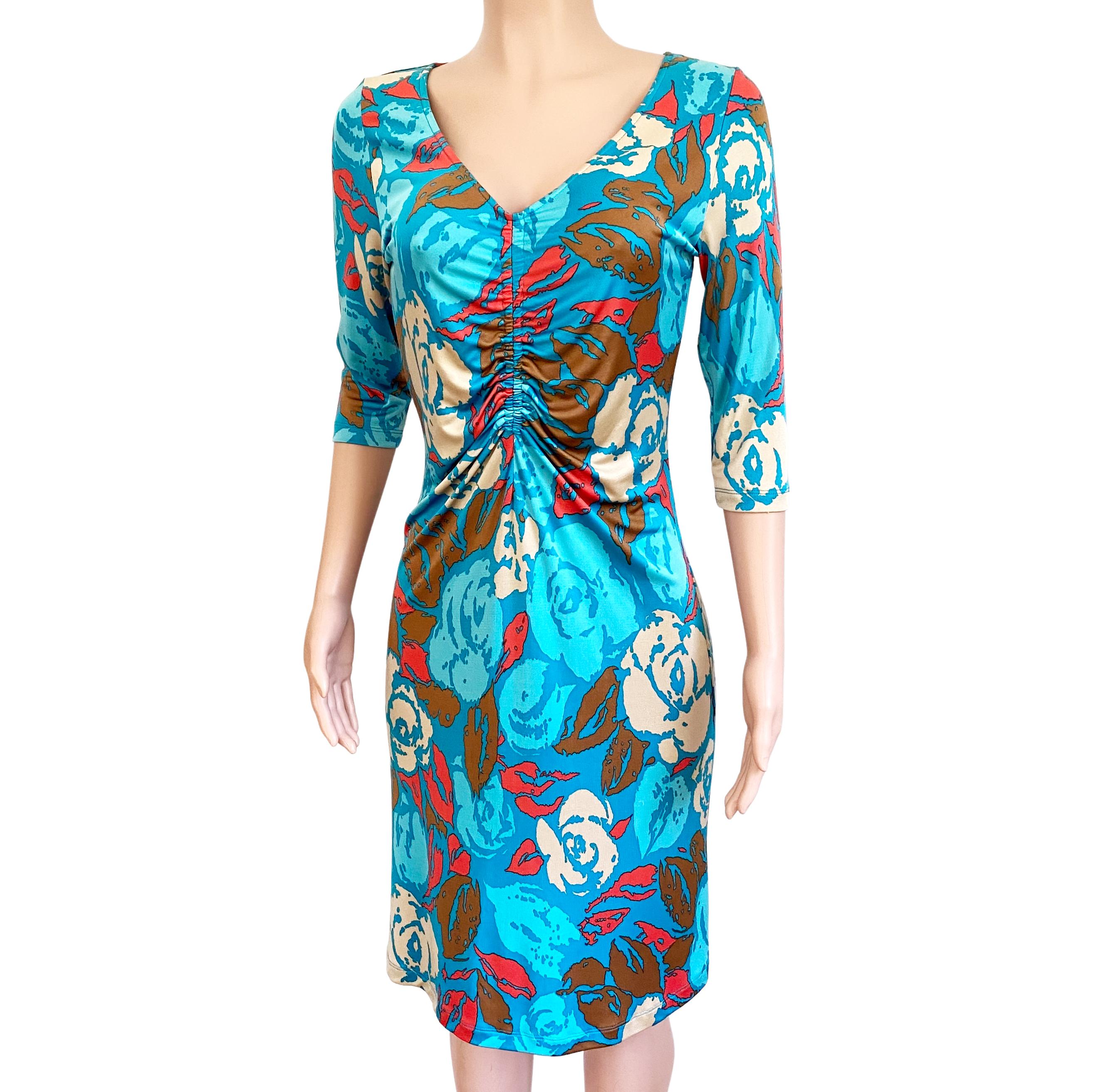 Turquoise silk jersey printed shirred shift LENA by Flora Kung In New Condition For Sale In Boston, MA