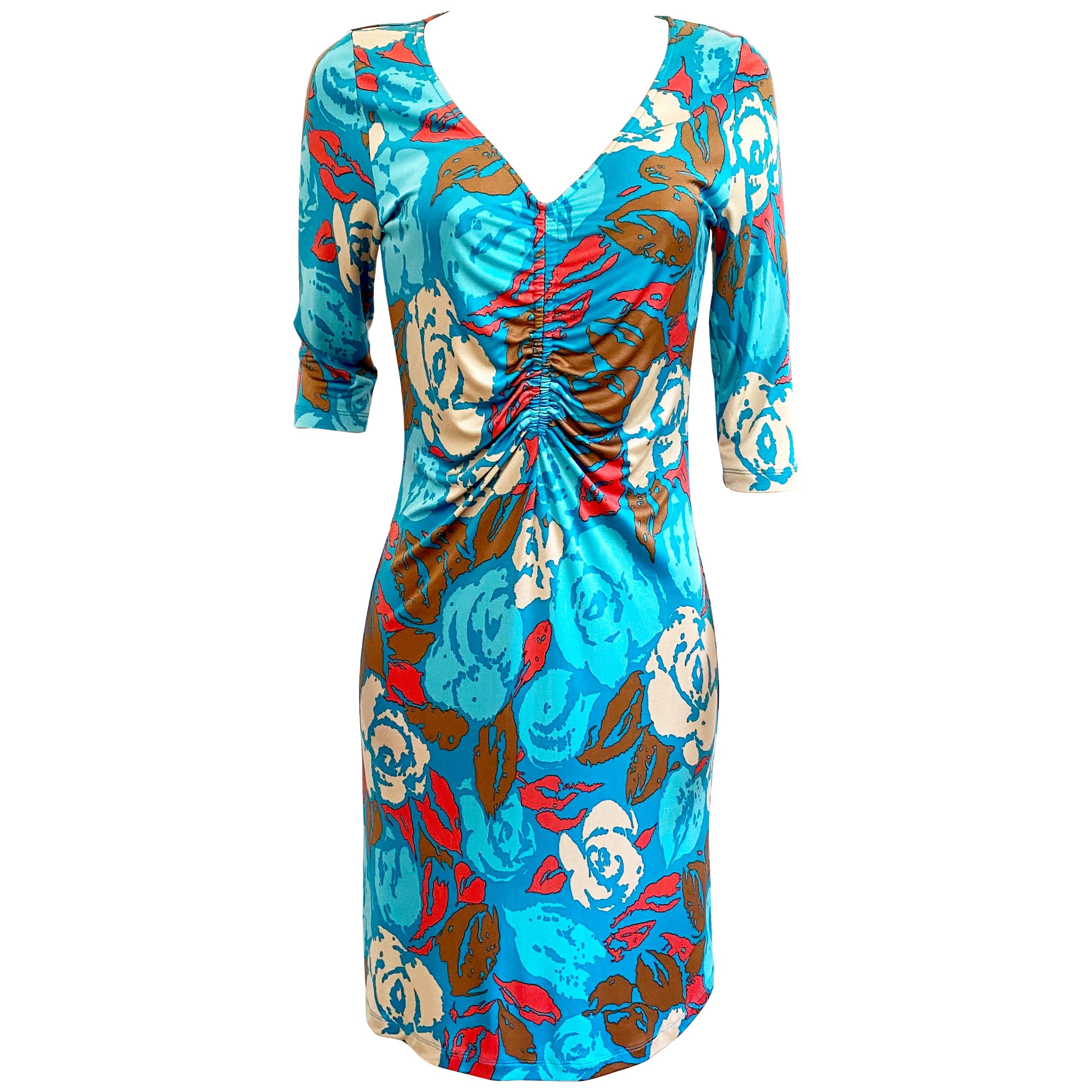 Turquoise silk jersey printed shirred shift LENA by Flora Kung For Sale