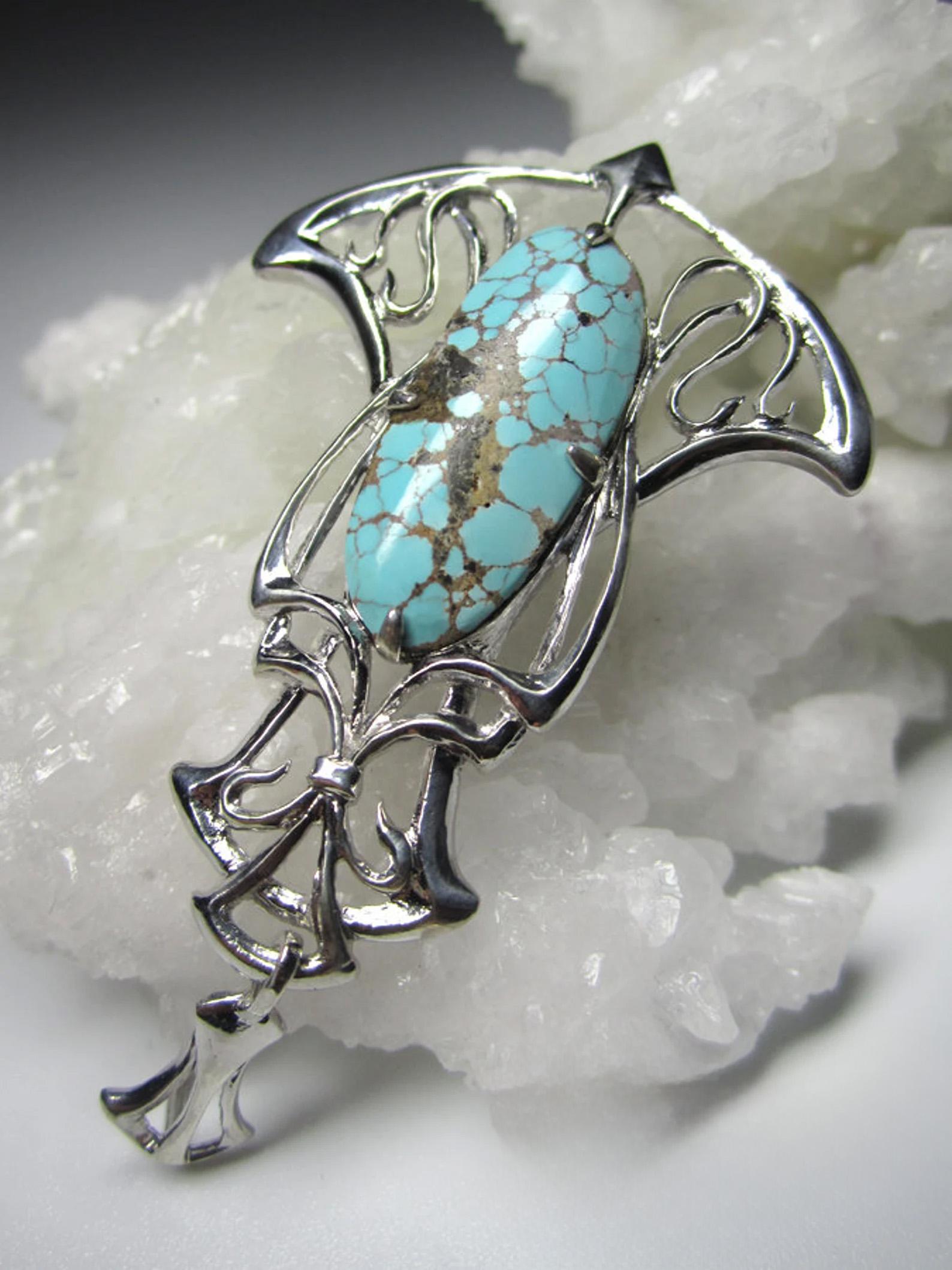 Artisan Turquoise Silver Pendant Art Nouveau style Cabochon Cyan Blue Wife gift ideas For Sale