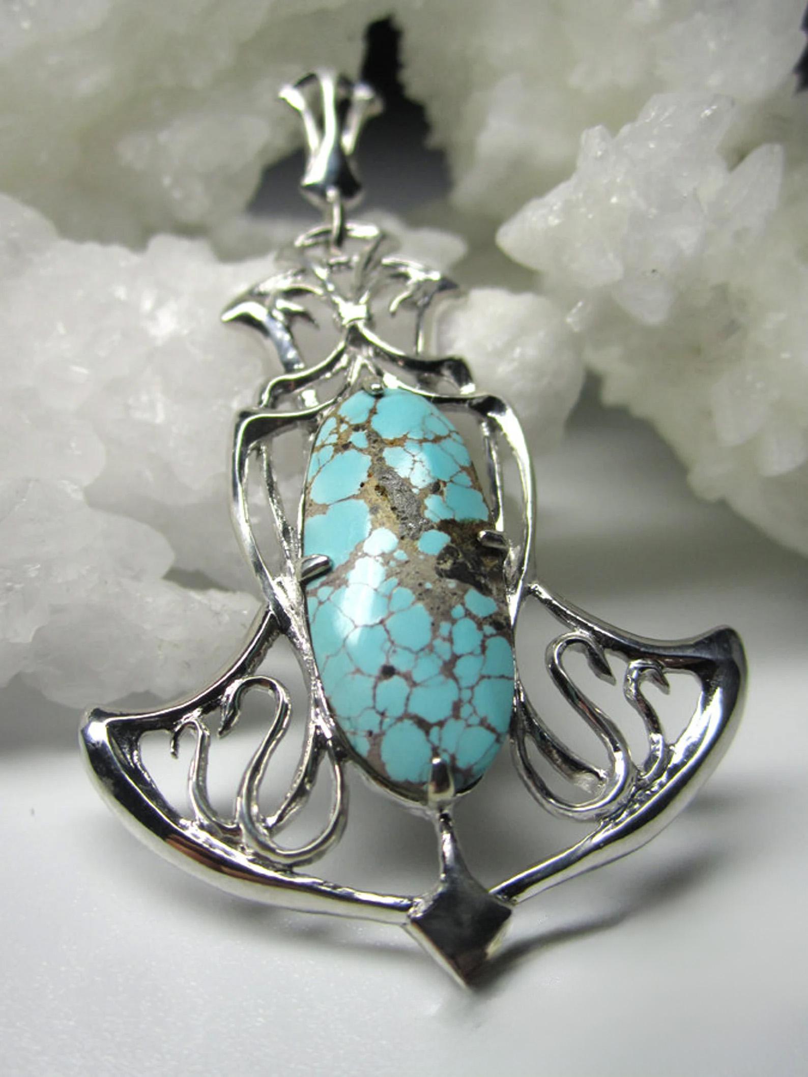 Turquoise Silver Pendant Art Nouveau style Cabochon Cyan Blue Wife gift ideas In New Condition For Sale In Berlin, DE