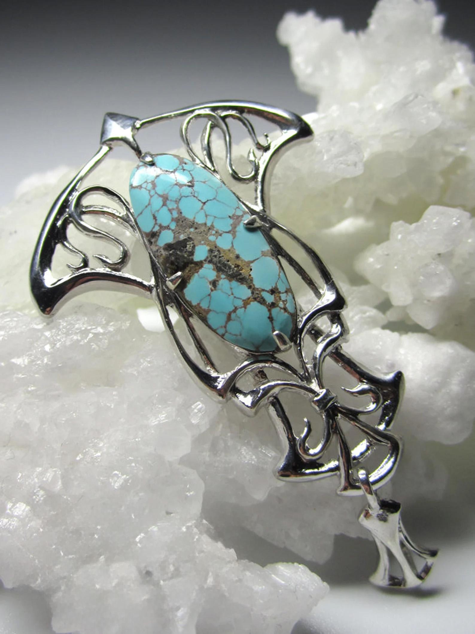 Women's or Men's Turquoise Silver Pendant Art Nouveau style Cabochon Cyan Blue Wife gift ideas For Sale