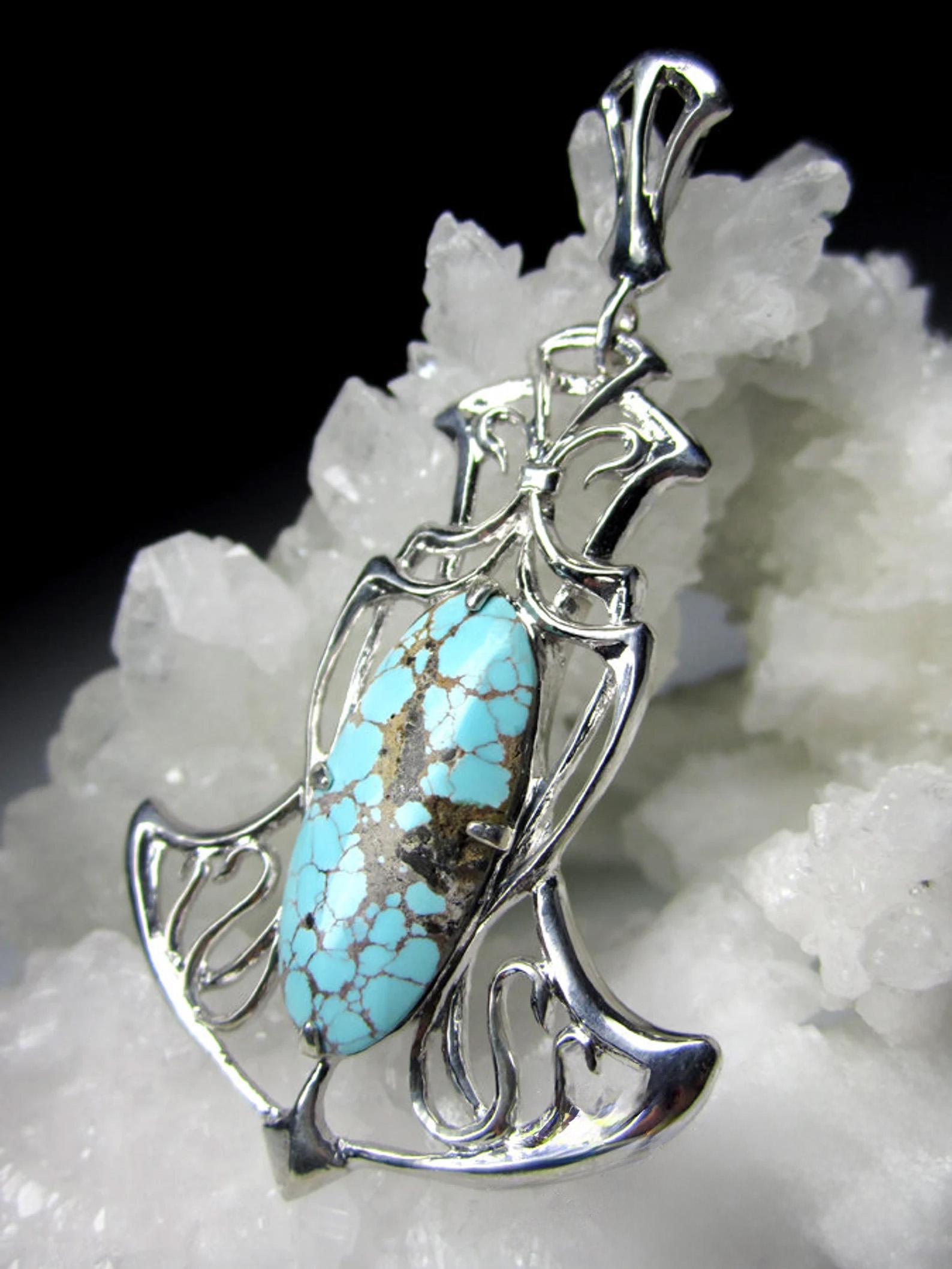Turquoise Silver Pendant Art Nouveau style Cabochon Cyan Blue Wife gift ideas For Sale 1