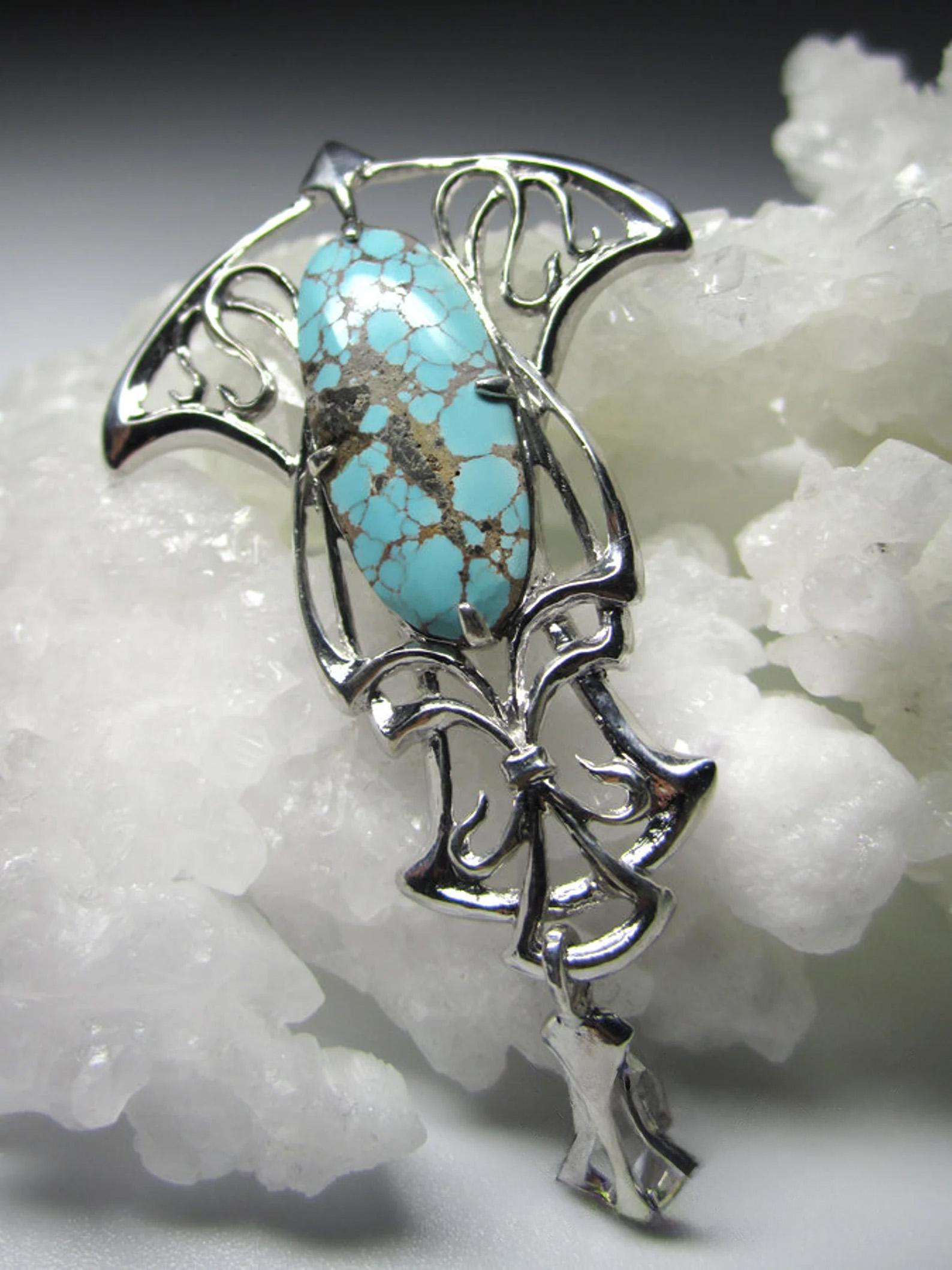 Turquoise Silver Pendant Art Nouveau style Cabochon Cyan Blue Wife gift ideas For Sale 3