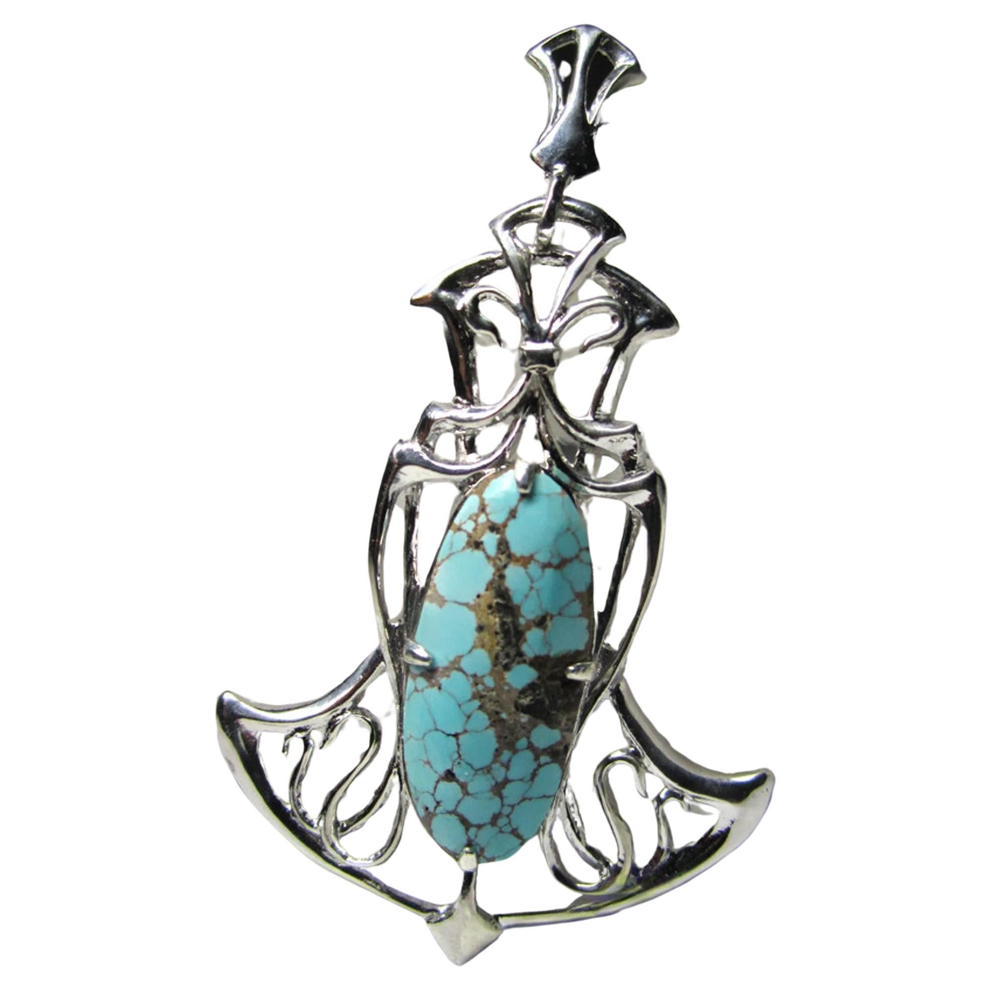 Türkis-Silber-Anhänger im Jugendstil Cabochon in Cyanblau mit Türkis-Schliff im Angebot