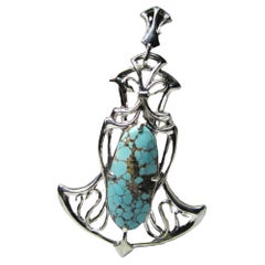 Turquoise Silver Pendant Art Nouveau style Cabochon Cyan Blue Wife gift ideas