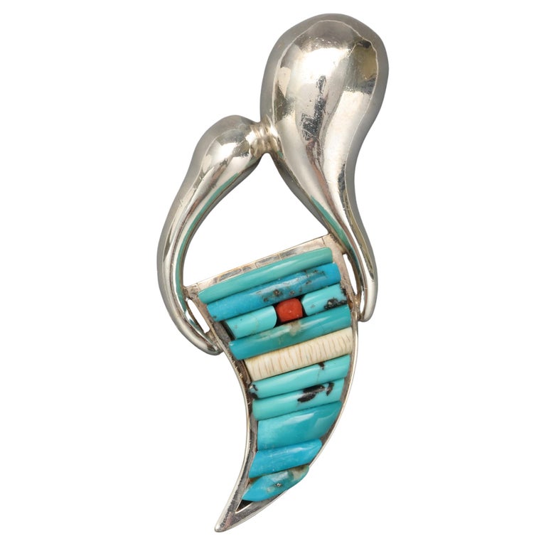 Navajo Turquoise and Silver Beaded Necklace with Feather Design c. 196