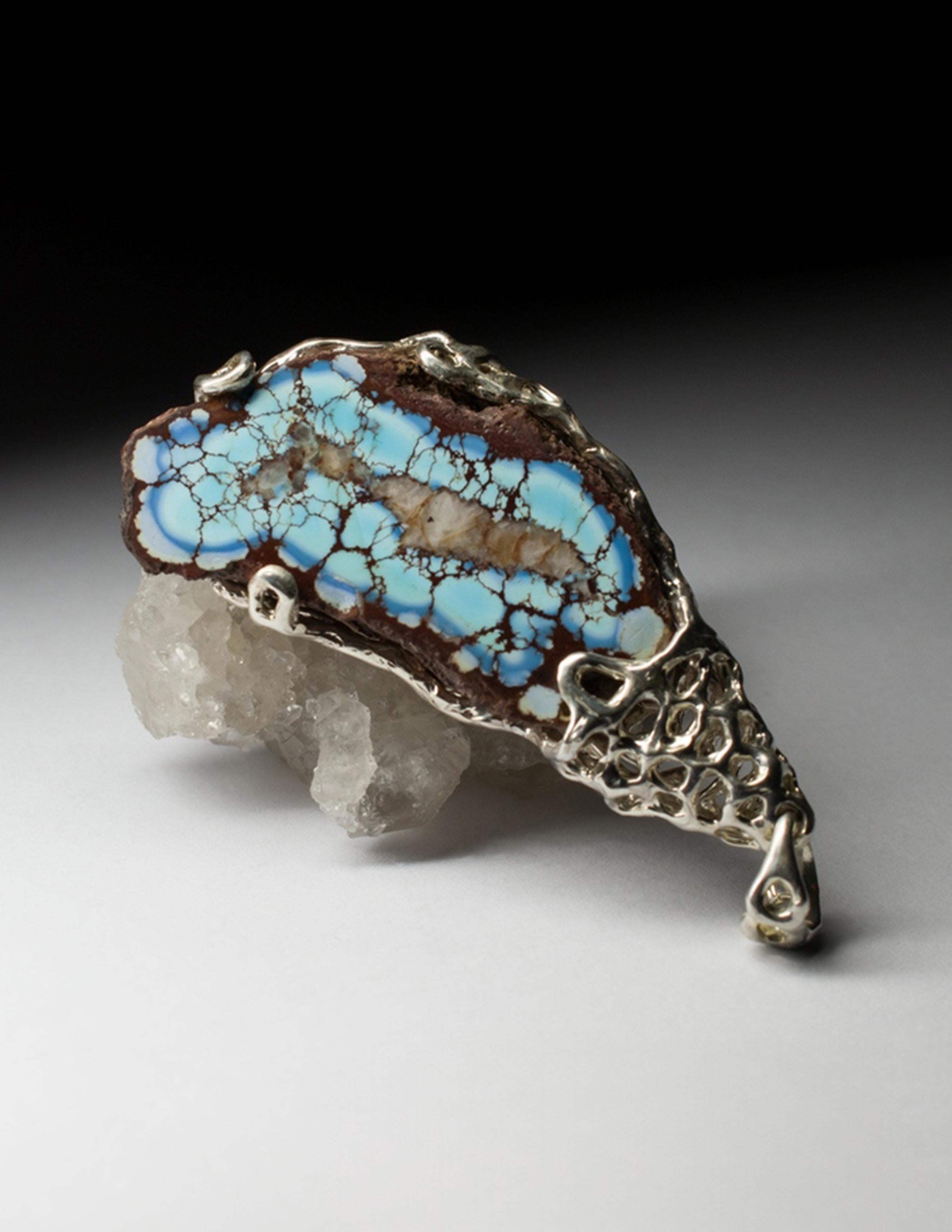 Turquoise Silver Pendant Raw Uncut Polychrome Patterned Natural Vintage Gemstone In New Condition For Sale In Berlin, DE