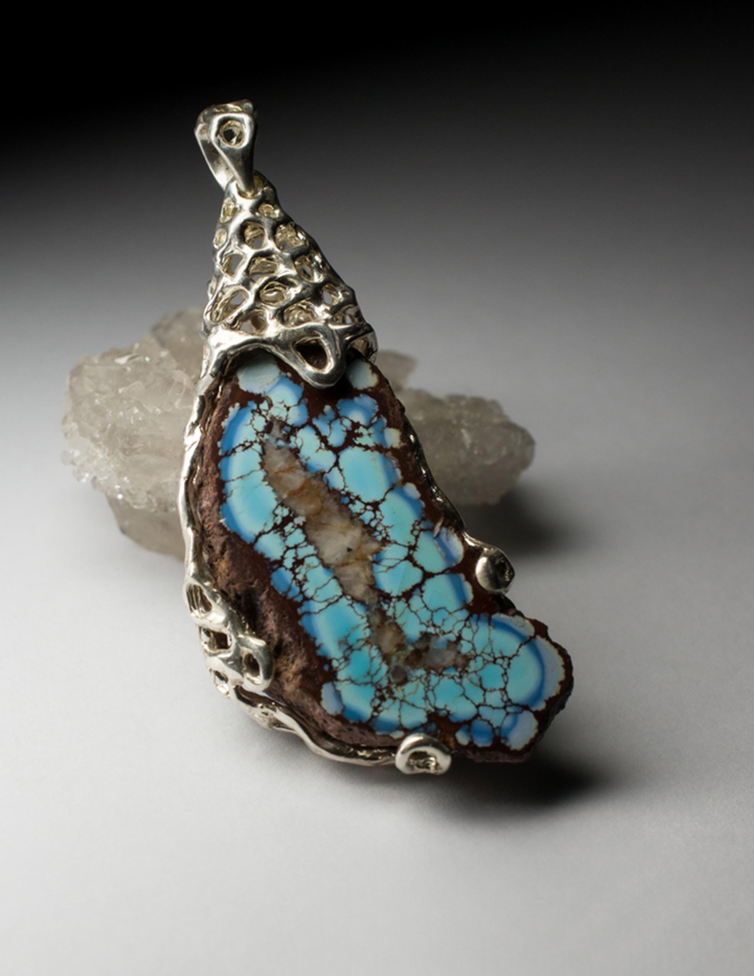 Turquoise Silver Pendant Raw Uncut Polychrome Patterned Natural Vintage Gemstone For Sale 3